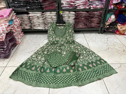 Cotton Angrakha Anarkali Kurti Set with Tagai & Kardhana Work, Printed Malmal Dupatta – 3 Piece Suit Set