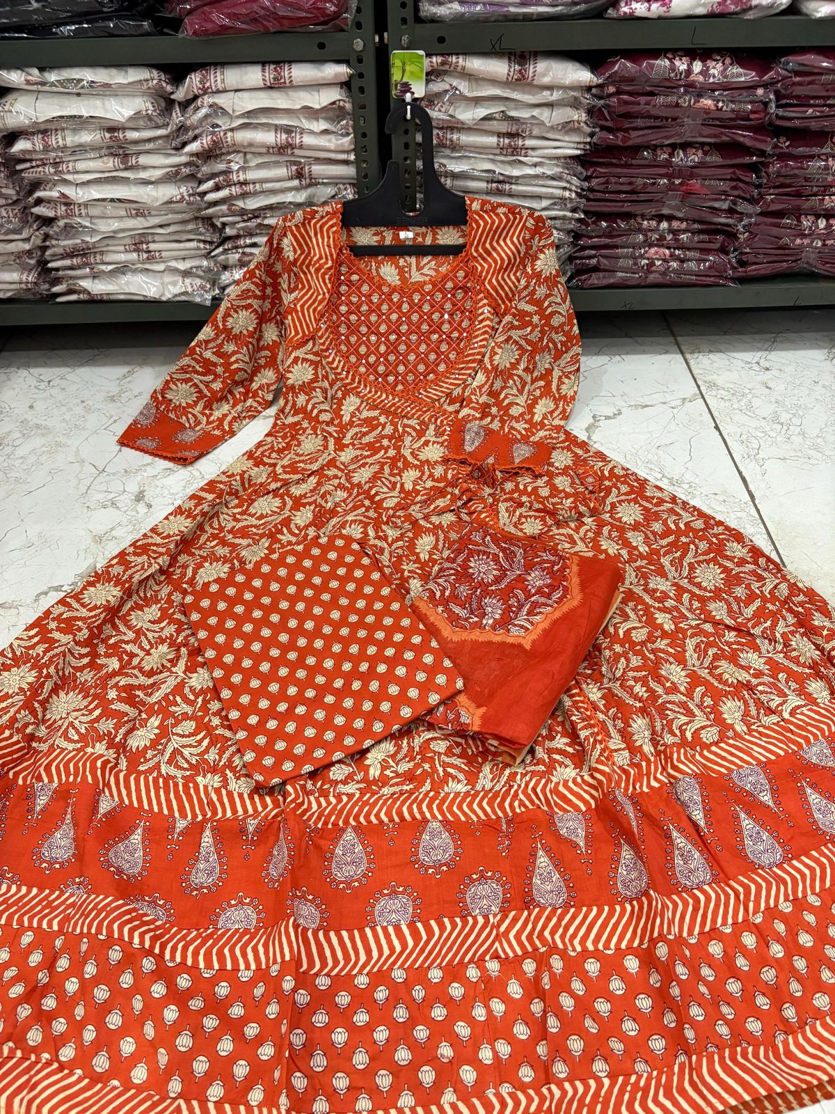 Cotton Angrakha Anarkali Kurti Set with Tagai & Kardhana Work, Printed Malmal Dupatta – 3 Piece Suit Set