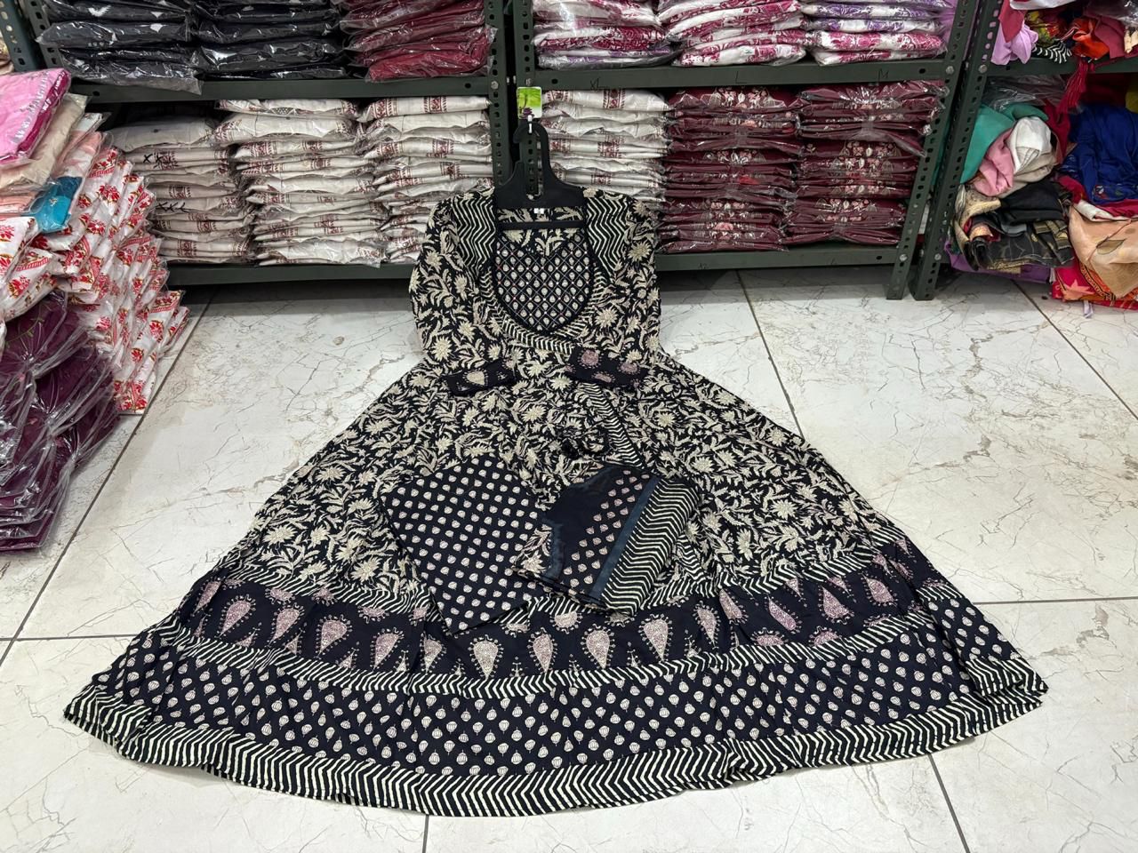 Cotton Angrakha Anarkali Kurti Set with Tagai & Kardhana Work, Printed Malmal Dupatta – 3 Piece Suit Set