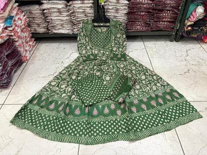 Cotton Angrakha Anarkali Kurti Set with Tagai & Kardhana Work, Printed Malmal Dupatta – 3 Piece Suit Set