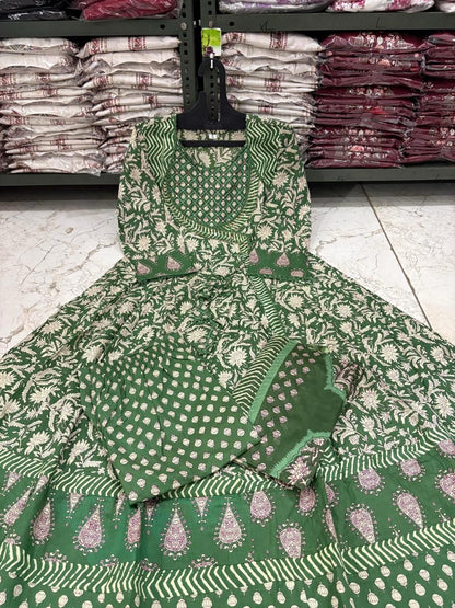 Cotton Angrakha Anarkali Kurti Set with Tagai & Kardhana Work, Printed Malmal Dupatta – 3 Piece Suit Set