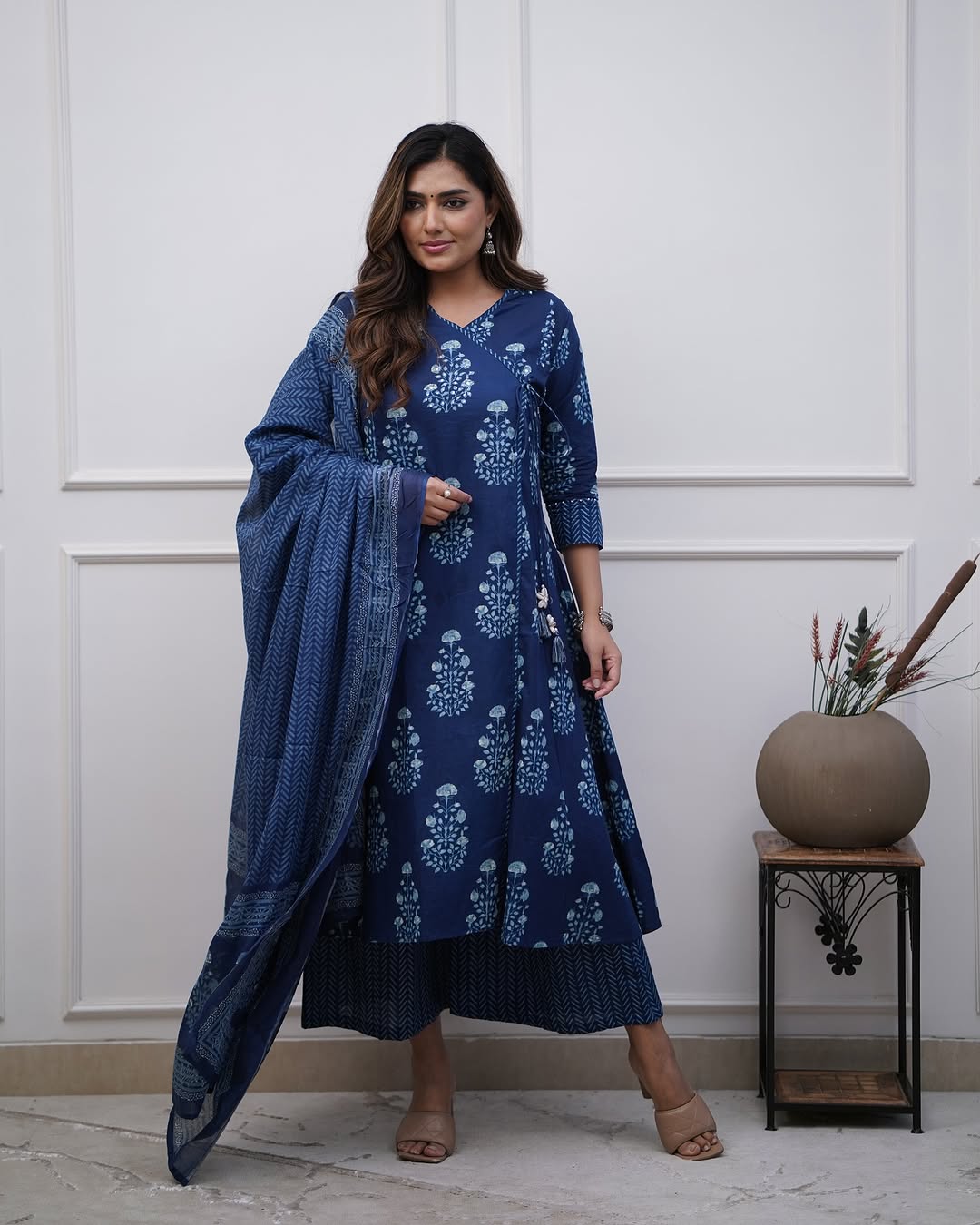 Cotton Angrakha Style Anarkali Dupatta Set with Mirror Work – Blue