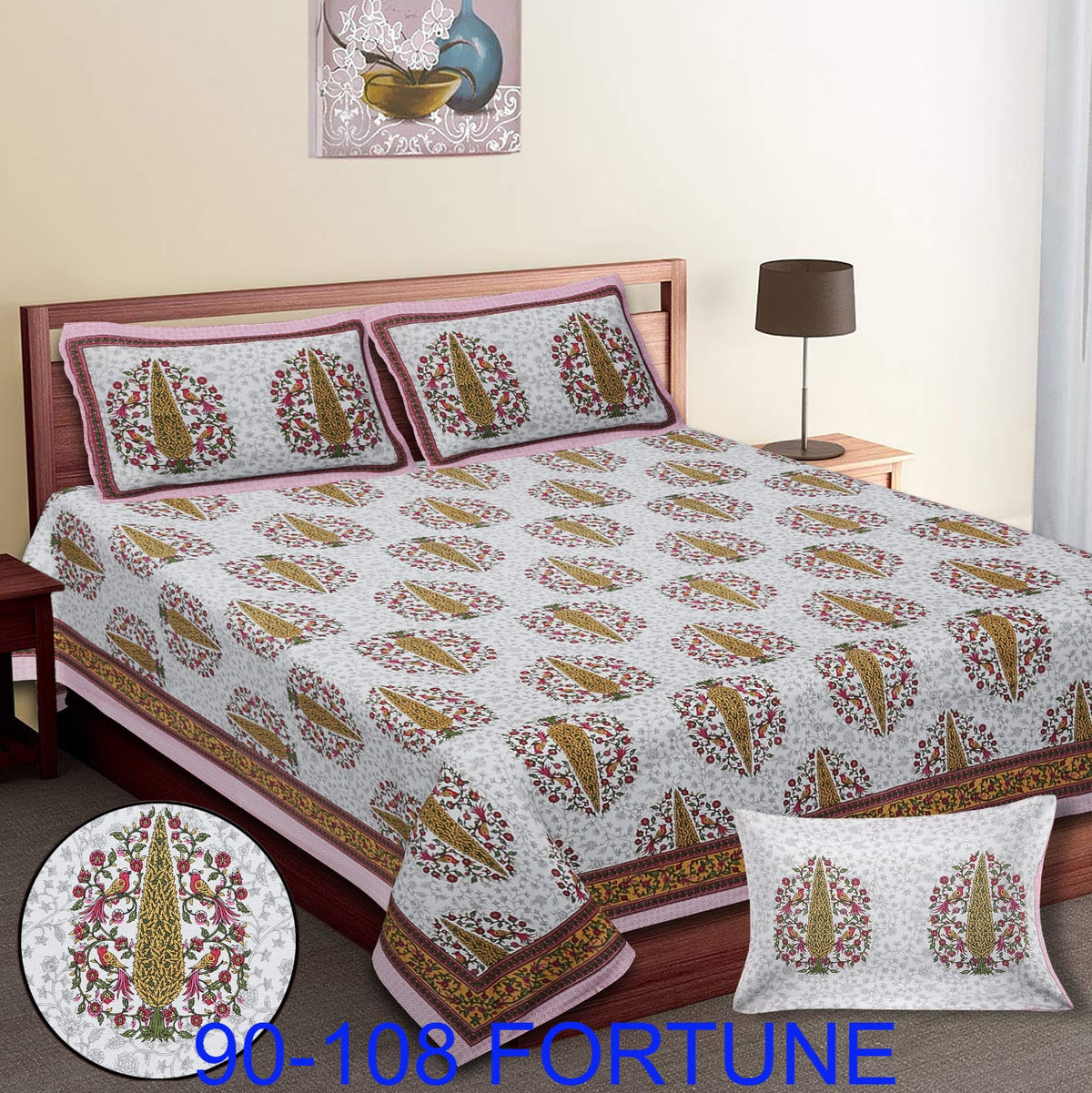 Cotton Autoloom Bedsheet with 2 Chain Pillow Covers – 90×108 Inch