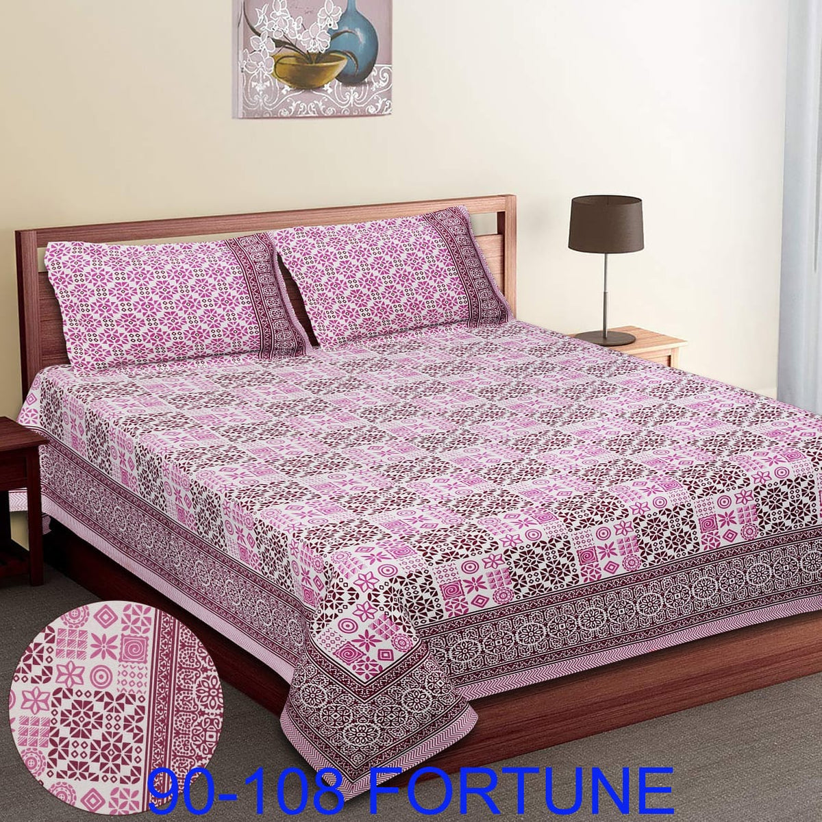 Cotton Autoloom Bedsheet with 2 Chain Pillow Covers – 90×108 Inch