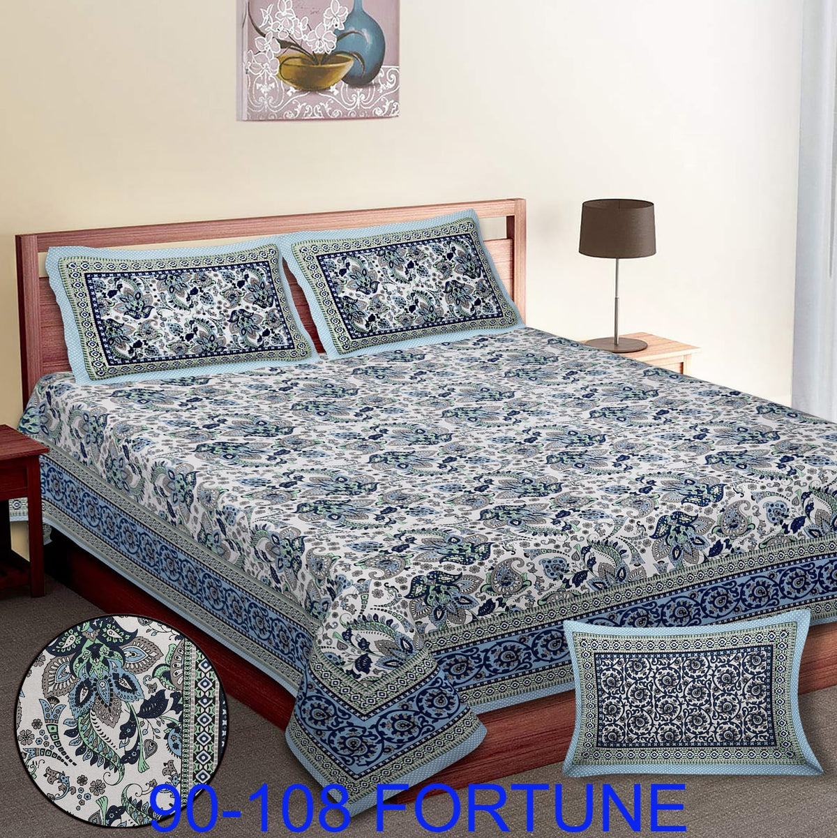 Cotton Autoloom Bedsheet with 2 Chain Pillow Covers – 90×108 Inch