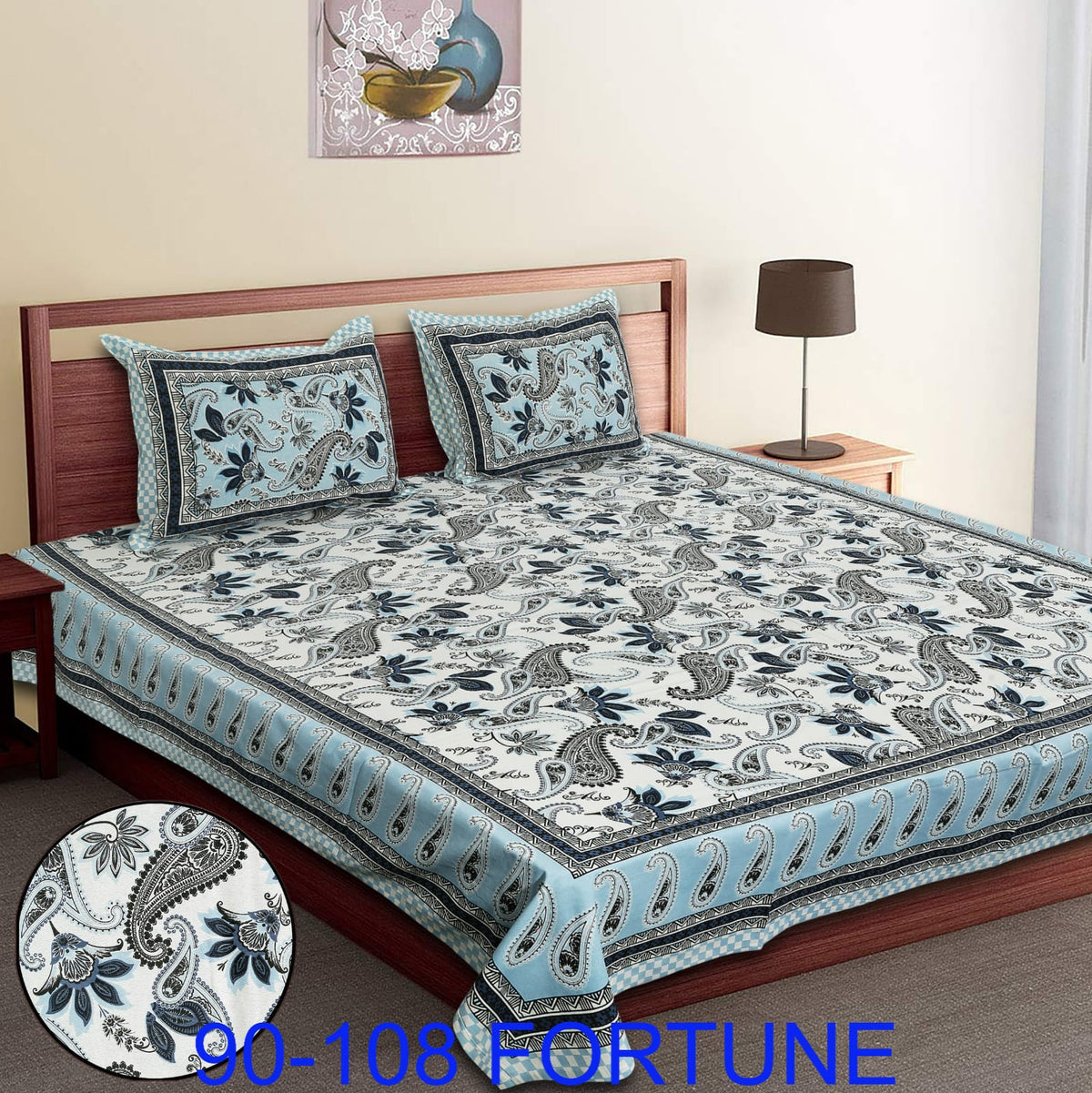 Cotton Autoloom Bedsheet with 2 Chain Pillow Covers – 90×108 Inch