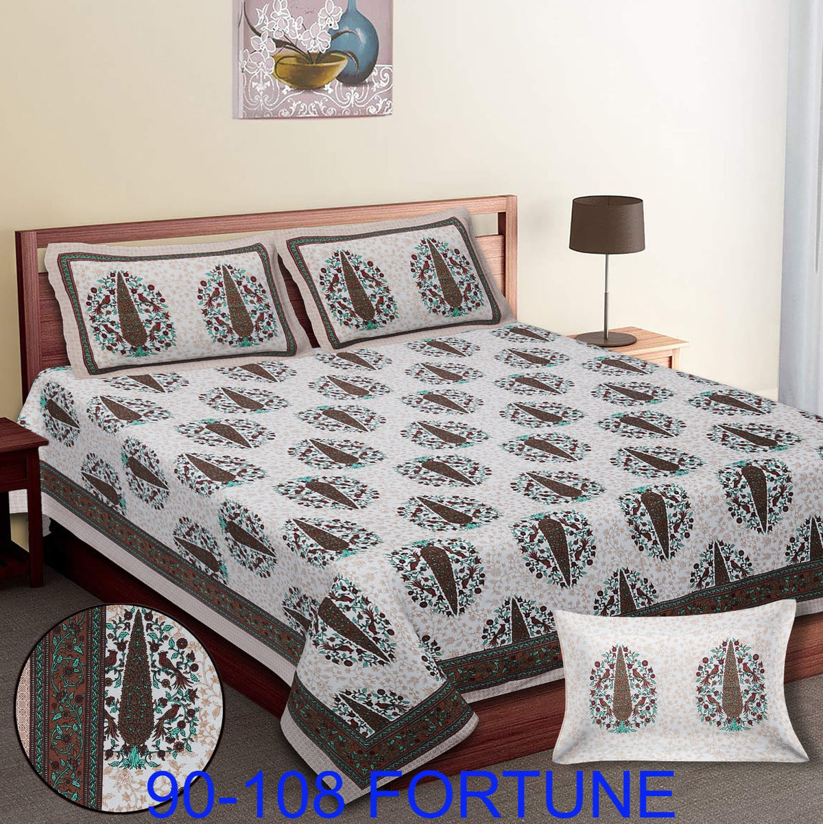 Cotton Autoloom Bedsheet with 2 Chain Pillow Covers – 90×108 Inch