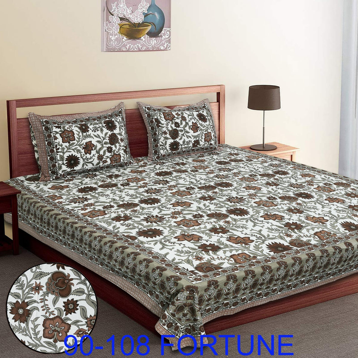 Cotton Autoloom Bedsheet with 2 Chain Pillow Covers – 90×108 Inch