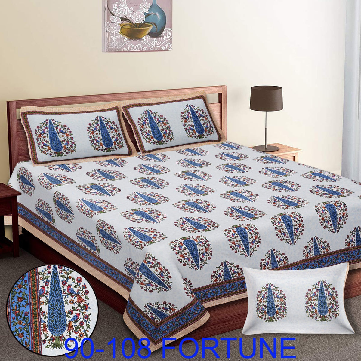 Cotton Autoloom Bedsheet with 2 Chain Pillow Covers – 90×108 Inch