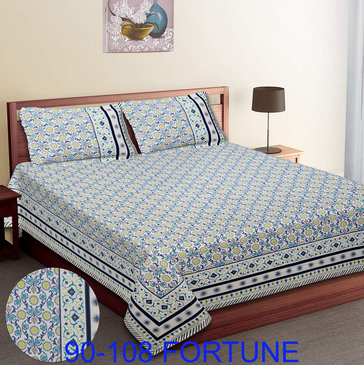 Cotton Autoloom Bedsheet with 2 Chain Pillow Covers – 90×108 Inch