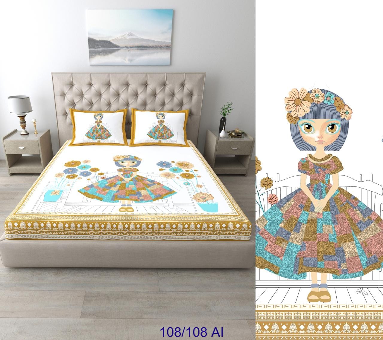 Cotton Autoloom King Size Bedsheet with 2 Flap Pillow Covers – 108×108 Inches