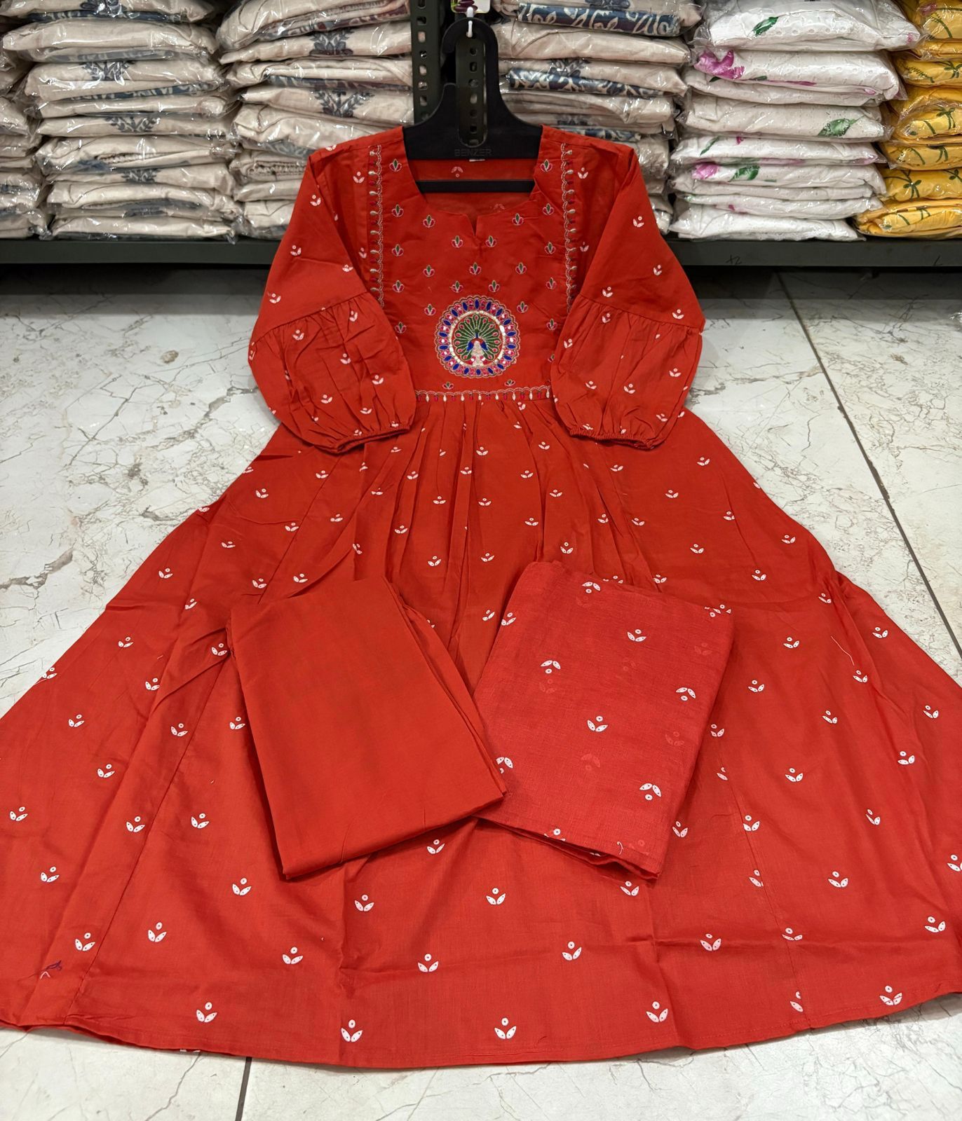 Cotton Bandhej Print Embroidered Anarkali Suit Set with Printed Malmal Dupatta – 3-Piece Set