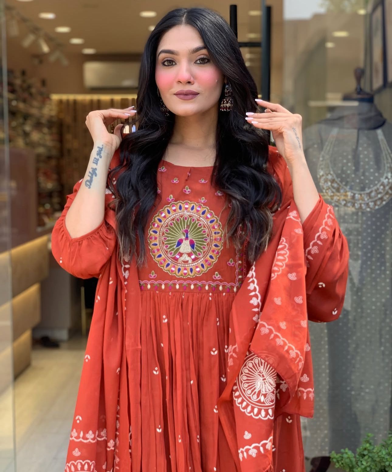 Cotton Bandhej Print Embroidered Anarkali Suit Set with Printed Malmal Dupatta – 3-Piece Set