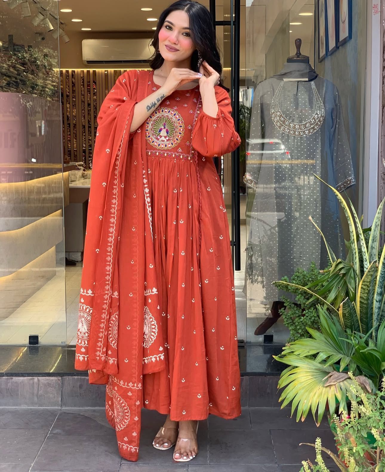 Cotton Bandhej Print Embroidered Anarkali Suit Set with Printed Malmal Dupatta – 3-Piece Set