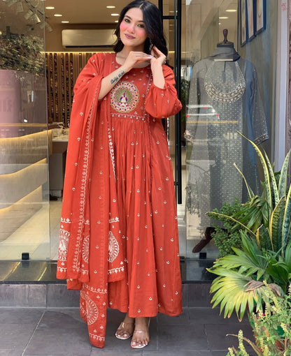 Cotton Bandhej Print Embroidered Anarkali Suit Set with Printed Malmal Dupatta – 3-Piece Set