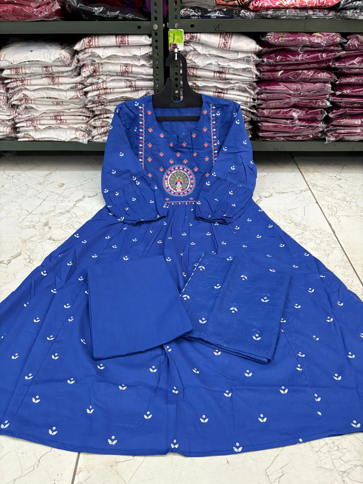 Cotton Bandhej Print Embroidered Anarkali Suit Set with Printed Malmal Dupatta – 3-Piece Set