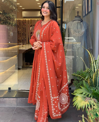 Cotton Bandhej Print Embroidered Anarkali Suit Set with Printed Malmal Dupatta – 3-Piece Set