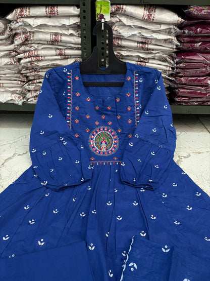 Cotton Bandhej Print Embroidered Anarkali Suit Set with Printed Malmal Dupatta – 3-Piece Set