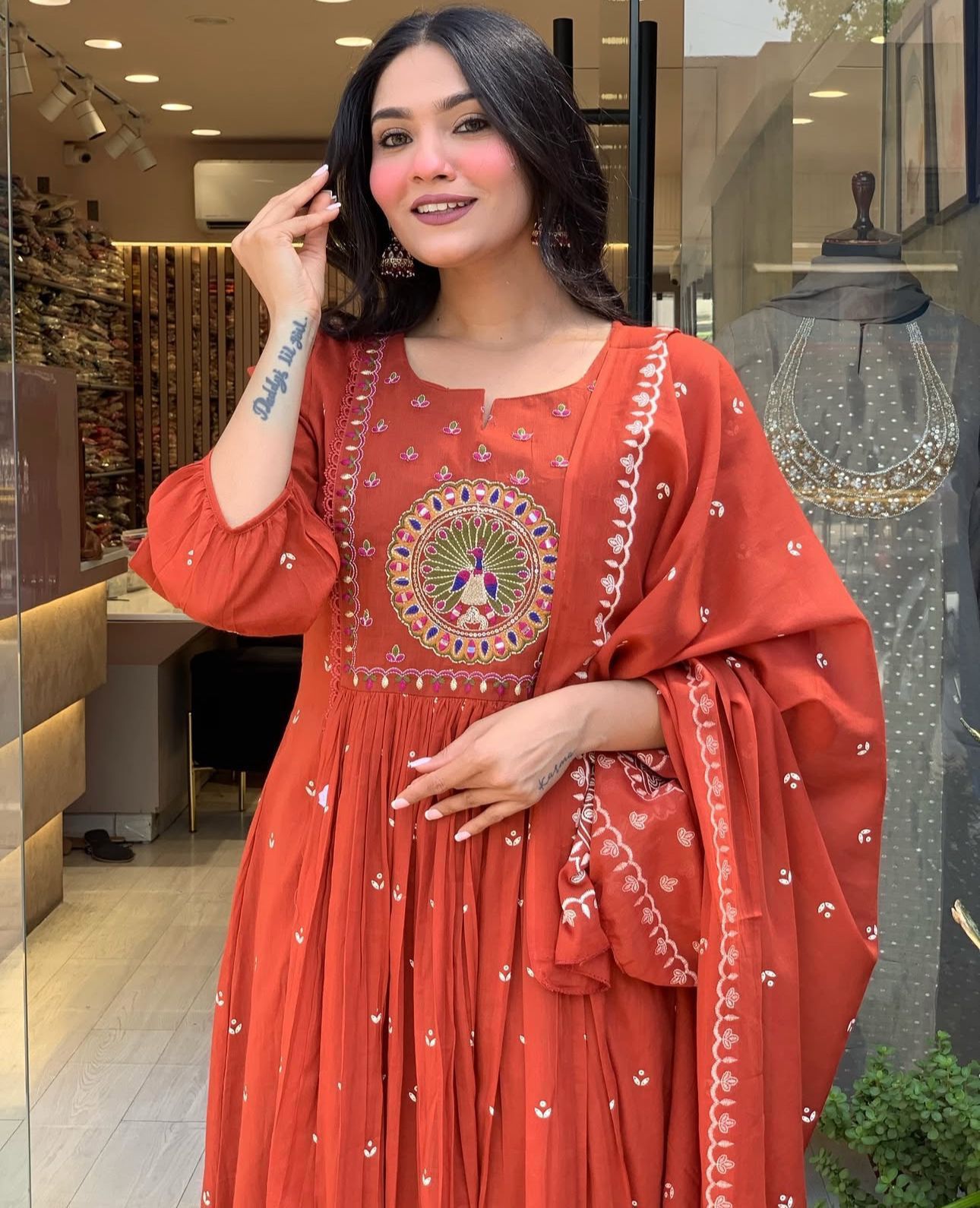 Cotton Bandhej Print Embroidered Anarkali Suit Set with Printed Malmal Dupatta – 3-Piece Set