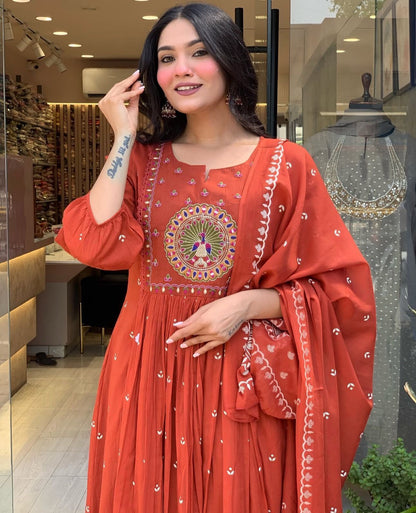 Cotton Bandhej Print Embroidered Anarkali Suit Set with Printed Malmal Dupatta – 3-Piece Set