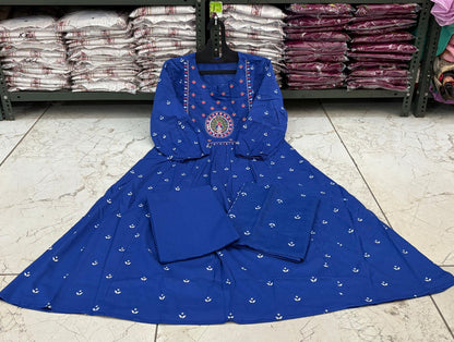 Cotton Bandhej Print Embroidered Anarkali Suit Set with Printed Malmal Dupatta – 3-Piece Set