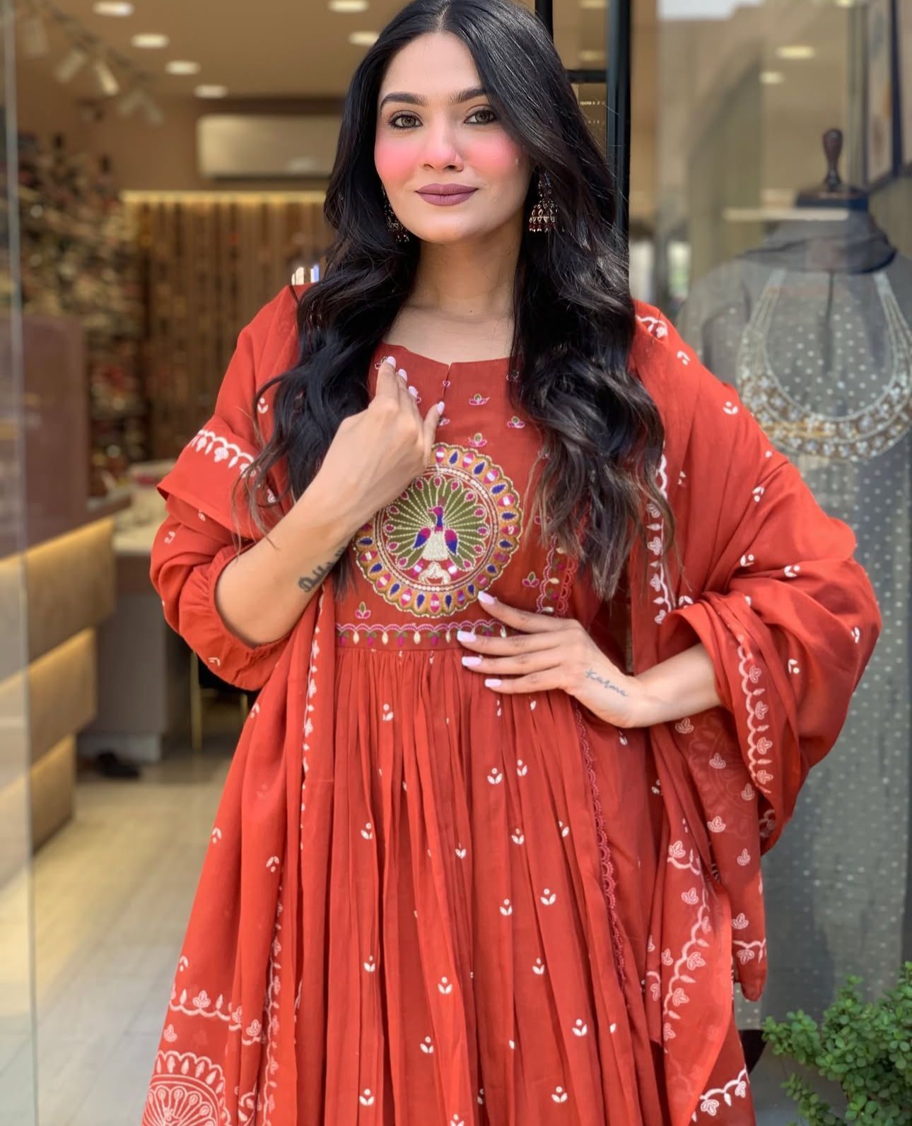 Cotton Bandhej Print Embroidered Anarkali Suit Set with Printed Malmal Dupatta – 3-Piece Set