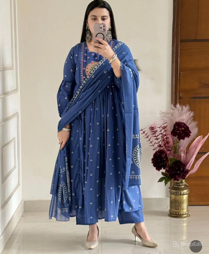 Cotton Bandhej Print Embroidered Anarkali Suit Set with Printed Malmal Dupatta – 3-Piece Set