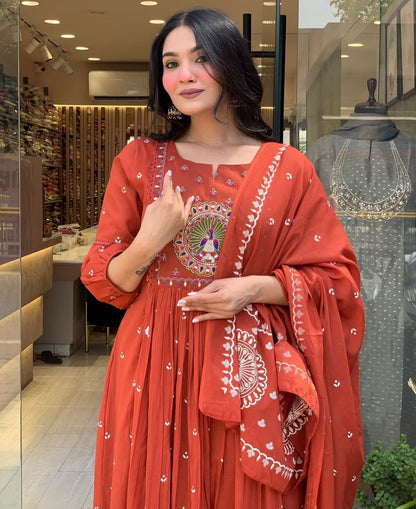 Cotton Bandhej Print Embroidered Anarkali Suit Set with Printed Malmal Dupatta – 3-Piece Set