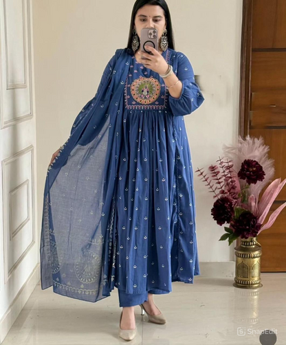 Cotton Bandhej Print Embroidered Anarkali Suit Set with Printed Malmal Dupatta – 3-Piece Set