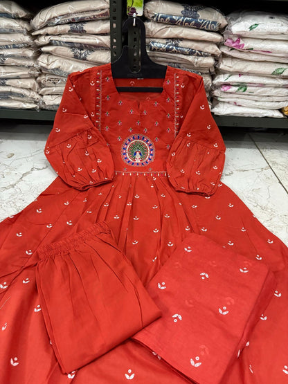 Cotton Bandhej Print Embroidered Anarkali Suit Set with Printed Malmal Dupatta – 3-Piece Set