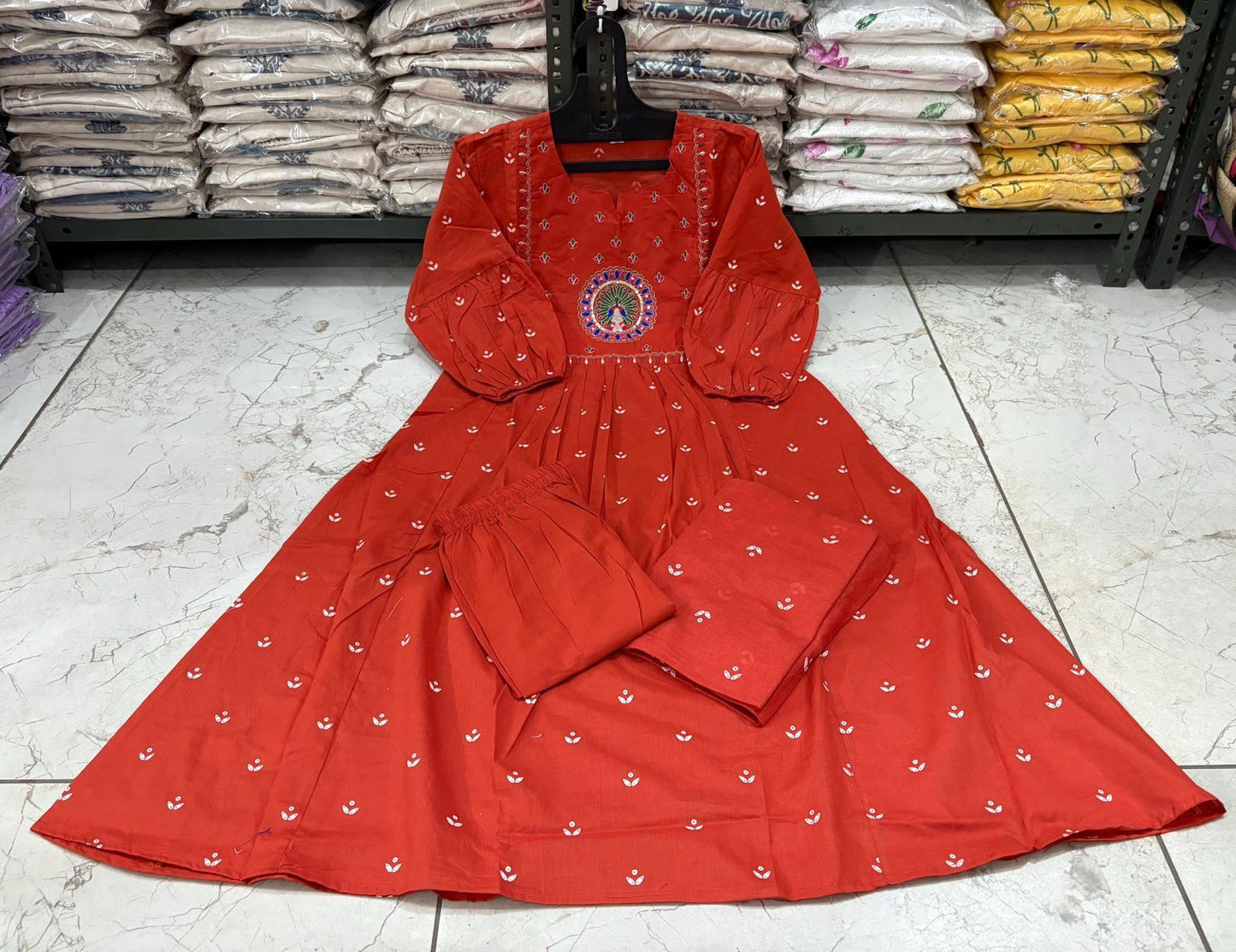 Cotton Bandhej Print Embroidered Anarkali Suit Set with Printed Malmal Dupatta – 3-Piece Set