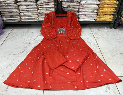 Cotton Bandhej Print Embroidered Anarkali Suit Set with Printed Malmal Dupatta – 3-Piece Set