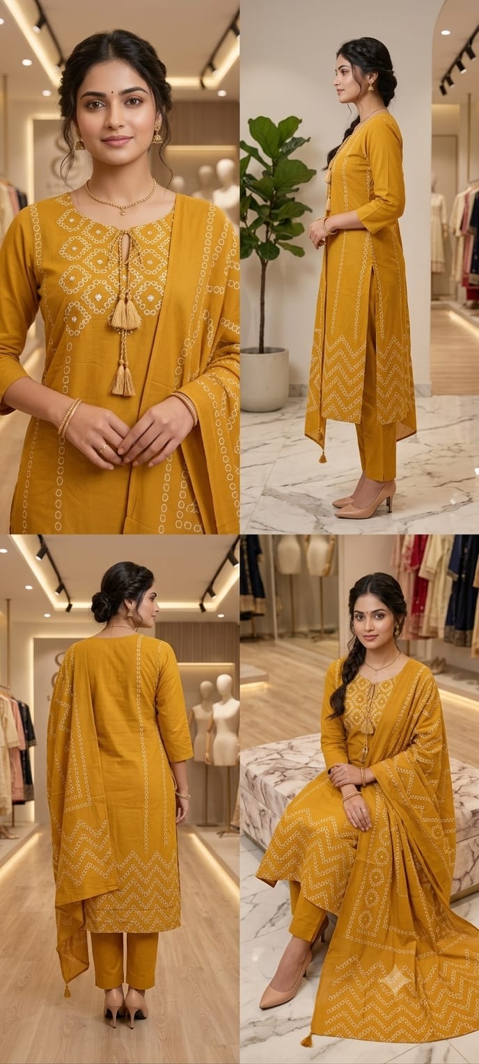 Cotton Bandhej Print Straight Kurta Set with Leheriya Pant & Malmal Dupatta
