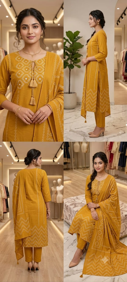 Cotton Bandhej Print Straight Kurta Set with Leheriya Pant & Malmal Dupatta