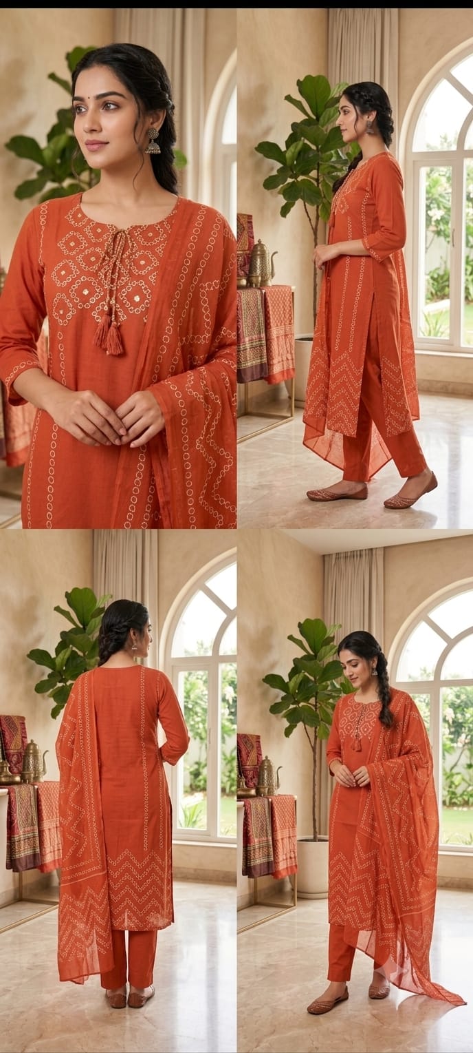 Cotton Bandhej Print Straight Kurta Set with Leheriya Pant & Malmal Dupatta