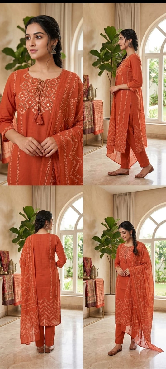 Cotton Bandhej Print Straight Kurta Set with Leheriya Pant & Malmal Dupatta