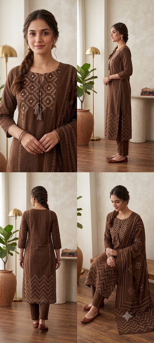 Cotton Bandhej Print Straight Kurta Set with Leheriya Pant & Malmal Dupatta