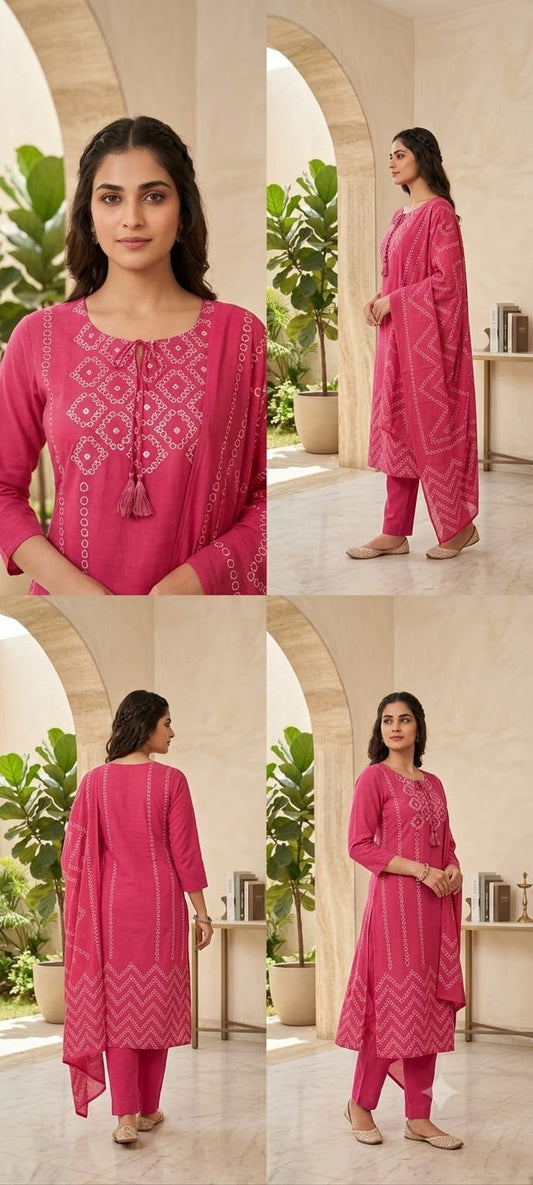 Cotton Bandhej Print Straight Kurta Set with Leheriya Pant & Malmal Dupatta