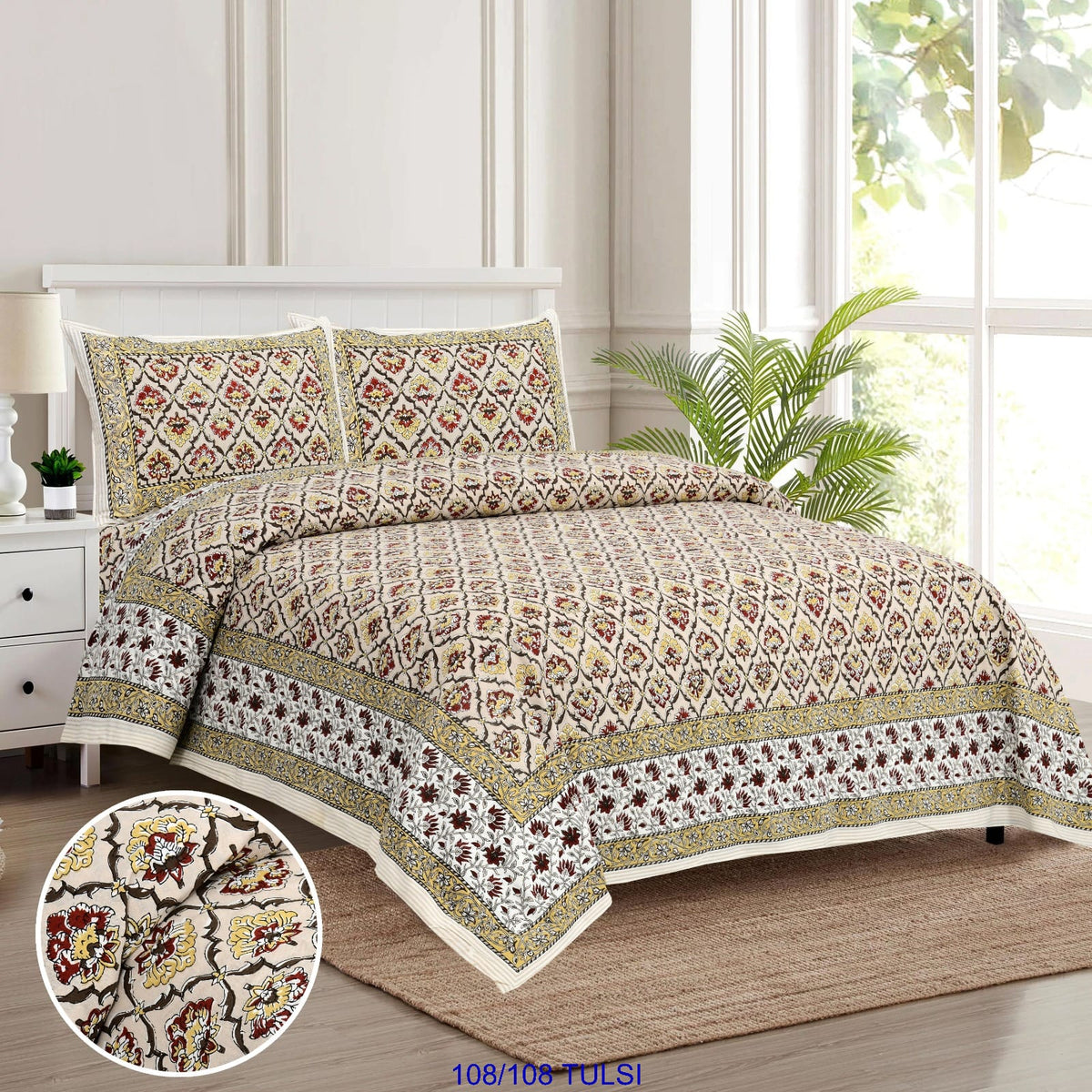 Cotton Bedsheet 108x108 Inches with 2 Flap Pillow Covers – 9x9 Feet