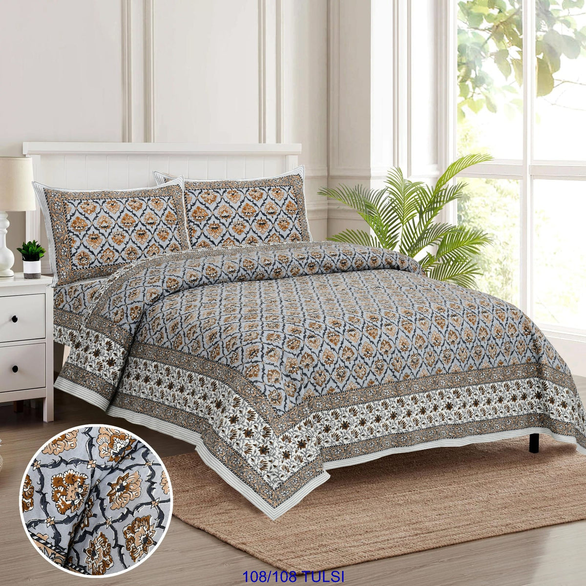 Cotton Bedsheet 108x108 Inches with 2 Flap Pillow Covers – 9x9 Feet
