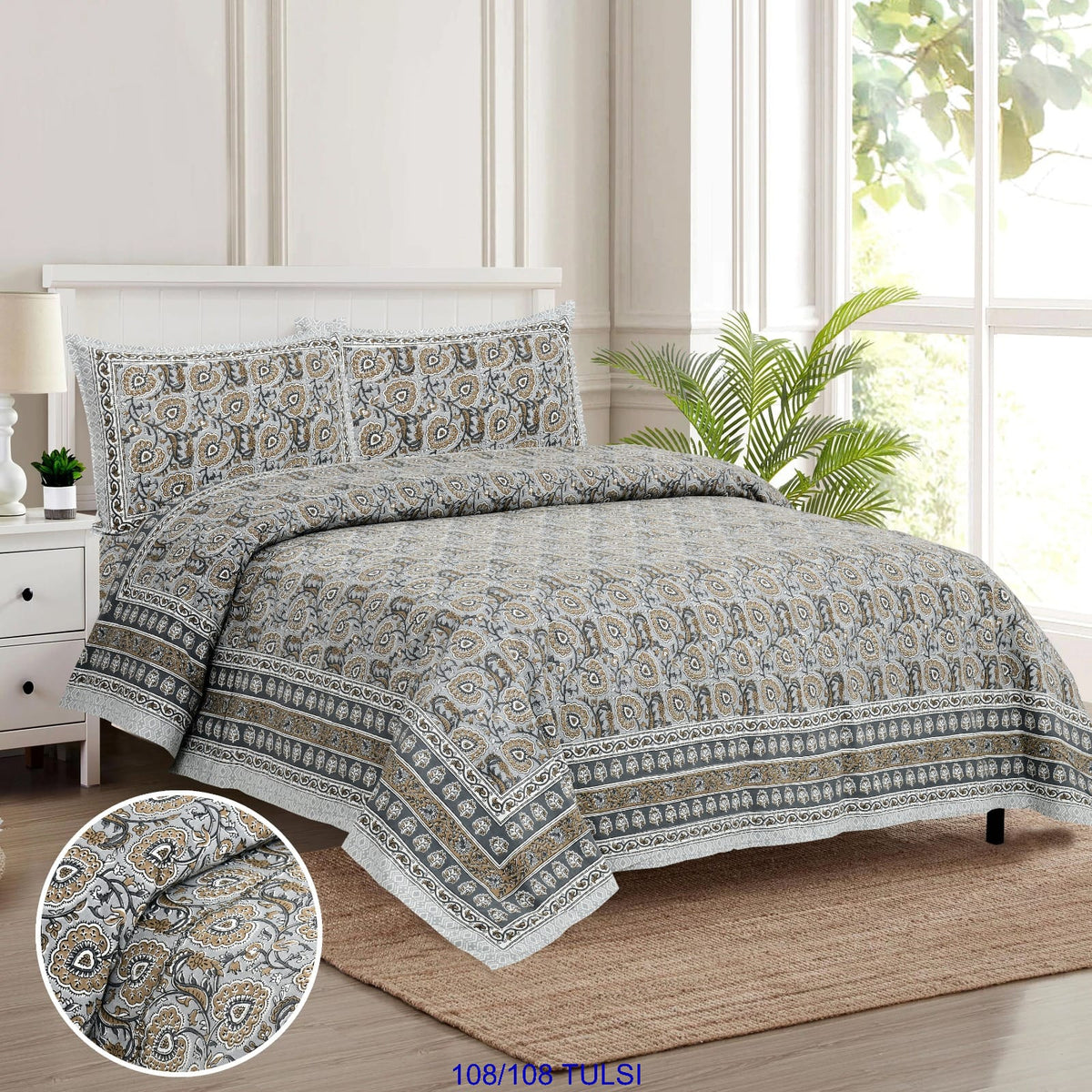 Cotton Bedsheet 108x108 Inches with 2 Flap Pillow Covers – 9x9 Feet