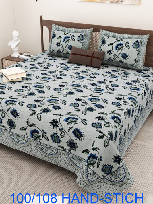Cotton Bedsheet Set with Hand-Stitch Style Print (100×108 Inches)