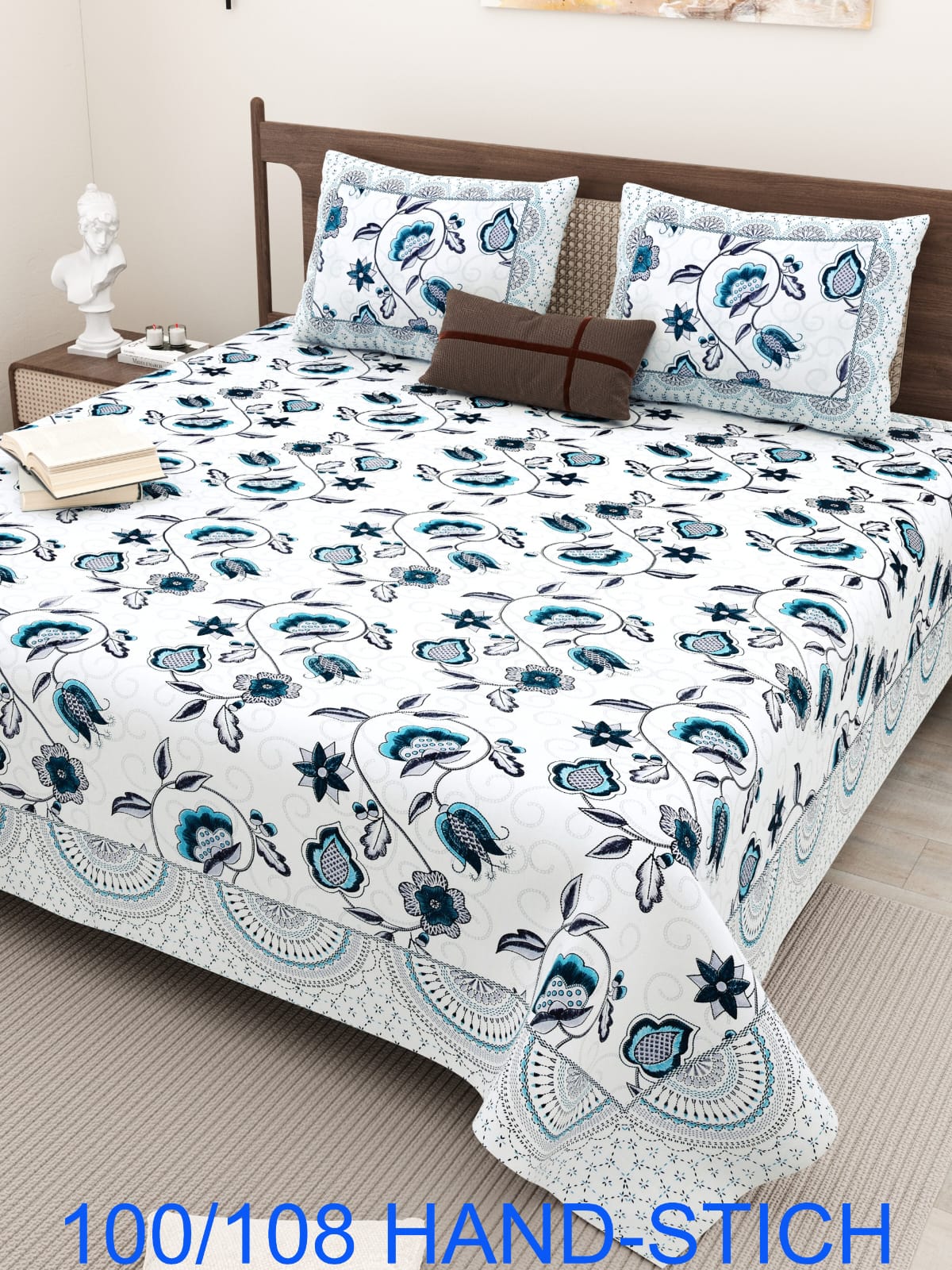 Cotton Bedsheet Set with Hand-Stitch Style Print (100×108 Inches)