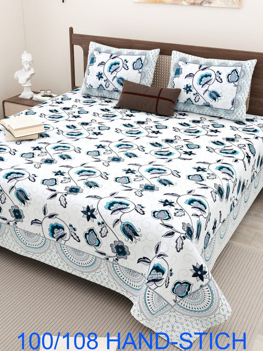Cotton Bedsheet Set with Hand-Stitch Style Print (100×108 Inches)