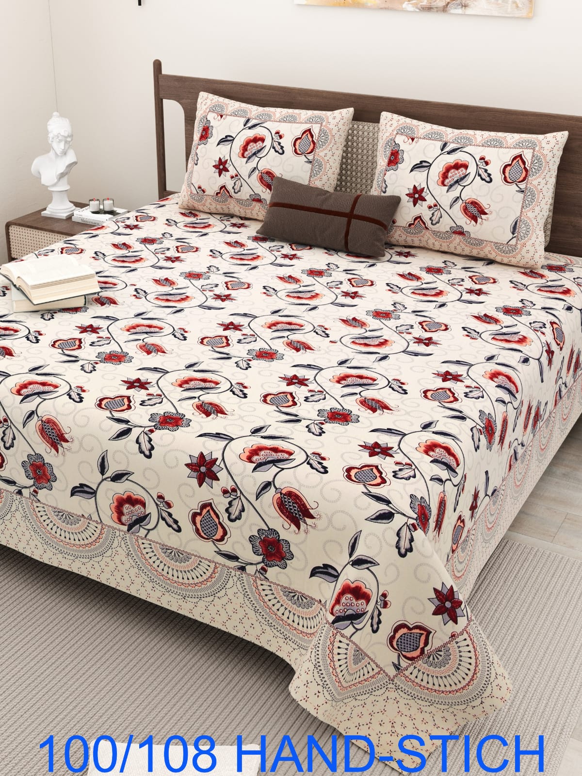 Cotton Bedsheet Set with Hand-Stitch Style Print (100×108 Inches)