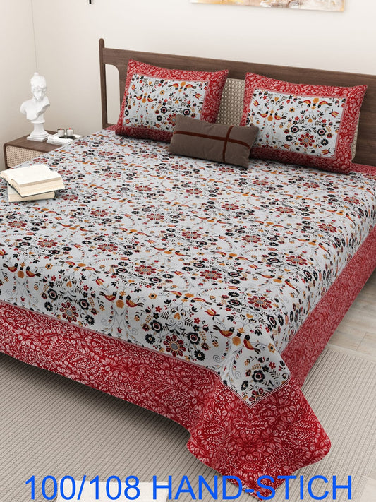 Cotton Bedsheet Set with Hand-Stitch Style Print (100×108 Inches)