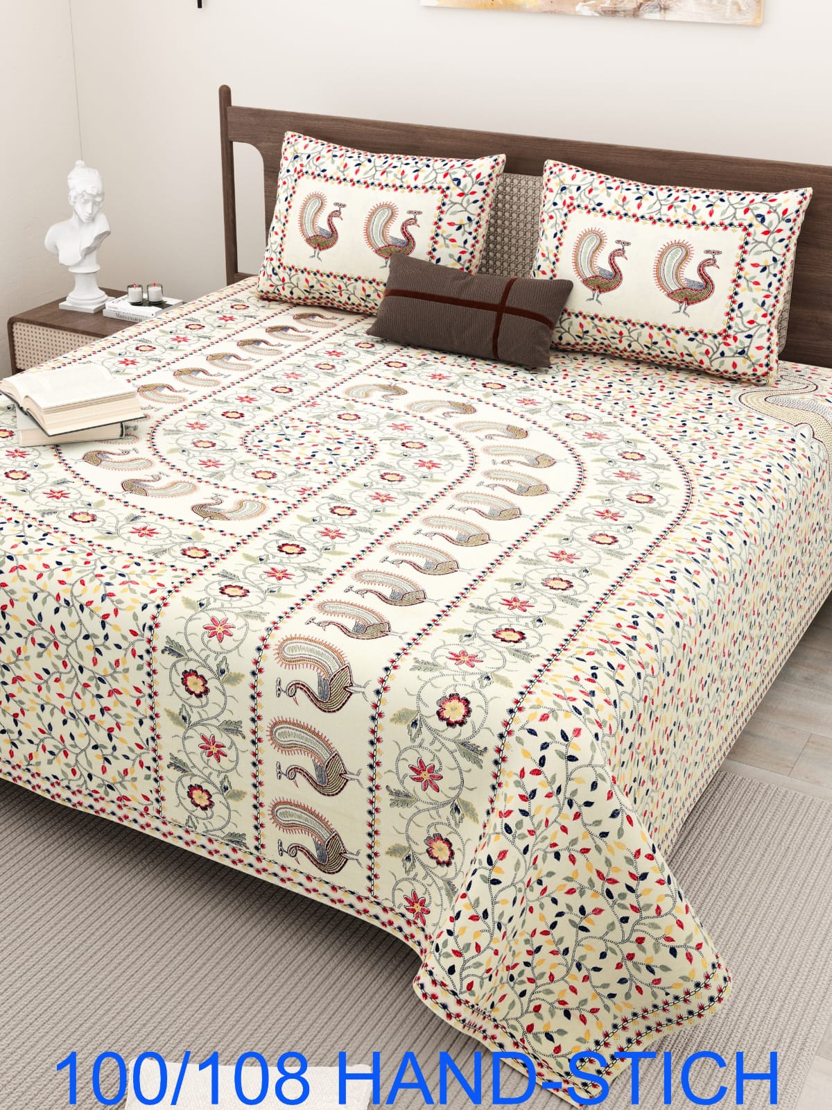 Cotton Bedsheet Set with Hand-Stitch Style Print (100×108 Inches)