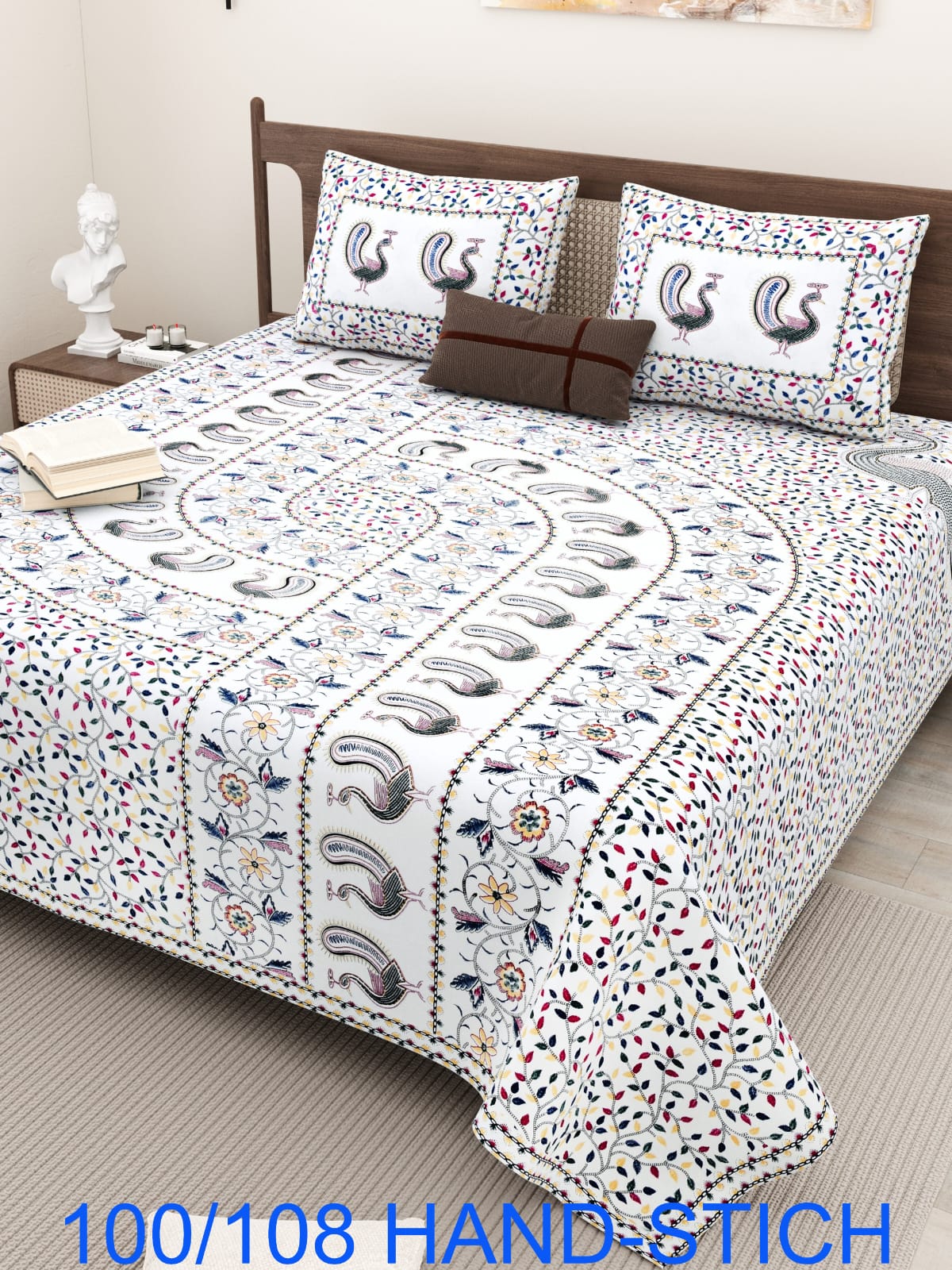 Cotton Bedsheet Set with Hand-Stitch Style Print (100×108 Inches)