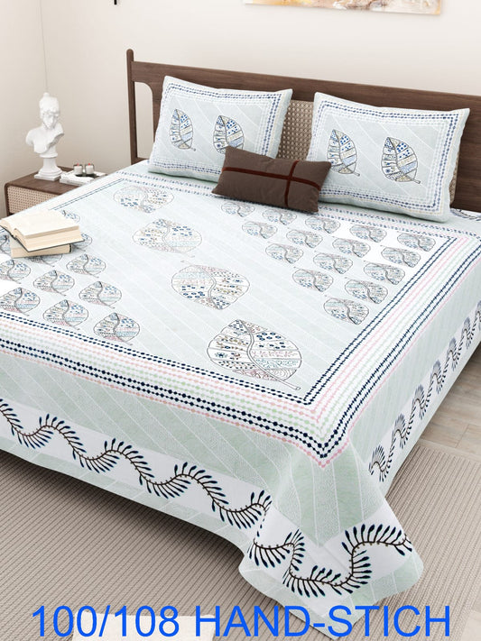 Cotton Bedsheet Set with Hand-Stitch Style Print (100×108 Inches)