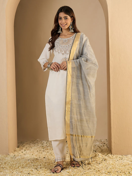 Cotton Blend Embroidered Kurta Pant Set with Chanderi Dupatta for Women